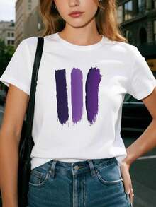Camisetas de mujer con estampados abstractos de pincel - manga corta, cuello redondo, corte holgado, elasticidad media, lavables a máquina, ropa casual sencilla, adecuadas para eventos music - Blanco - Ver 1