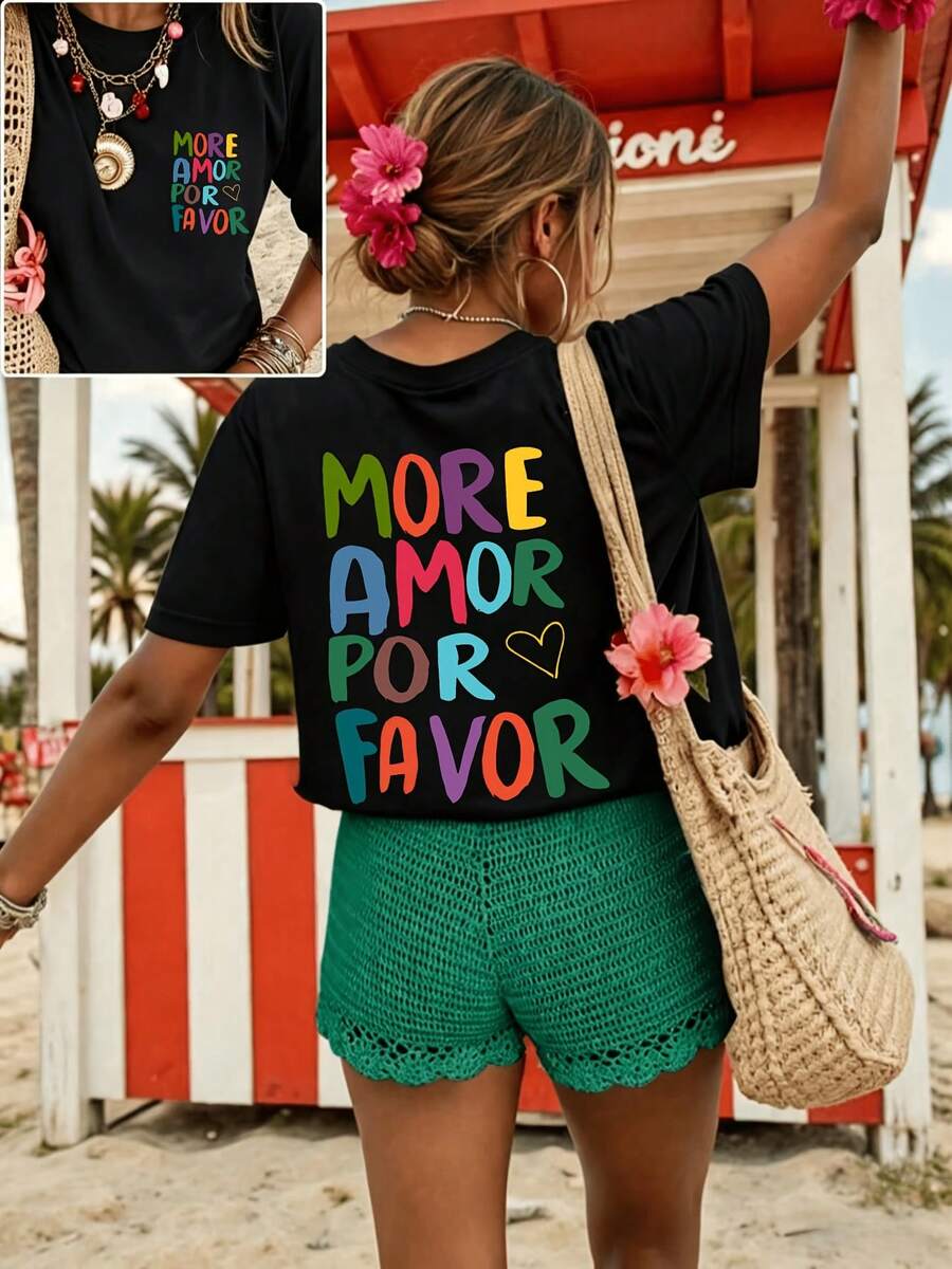 Dopamine-Colored Lettering And Heart Patterns On The Front And Back, Crew Neck Short-Sleeved T-Shirt For Everyday Commuting. Printed T-Shirt For Women. - Black - View 1
