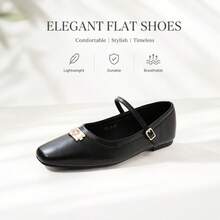 2026 New - British Style Round Toe Mary Jane Shoes For Women, Retro Chunky Heel Dress Pumps With Ankle Strap - Black Square Buckle - View 3