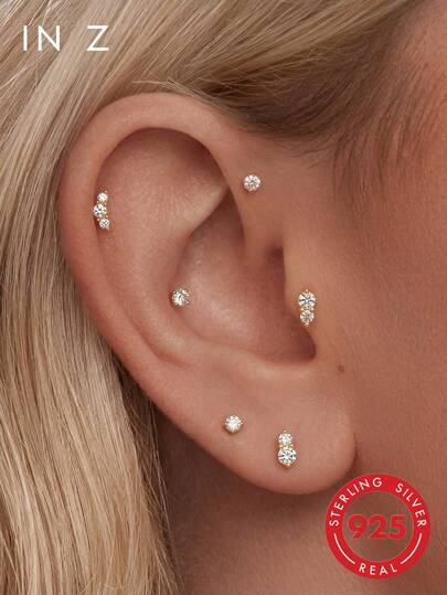 1 pièce/3pcs Mini 1 pièce/2/3 Puces d'oreilles à vis à dos plat avec diamants superposés | Puces d'hélix | Puces de tragus | Puces d'oreilles plates | Puces en argent sterling 925 avec incrustation de CZ | Convient pour le port quotidien des hommes et des femmes (1 pièce/paquet)