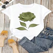 Green Rose Graphic T-Shirt, 100% Cotton Oversized Soft Breathable Casual Crewneck Short Sleeve Top, Romantic Aesthetic Summer Vibes Tee For Women & Nature Lovers - 白色 - 查看 18