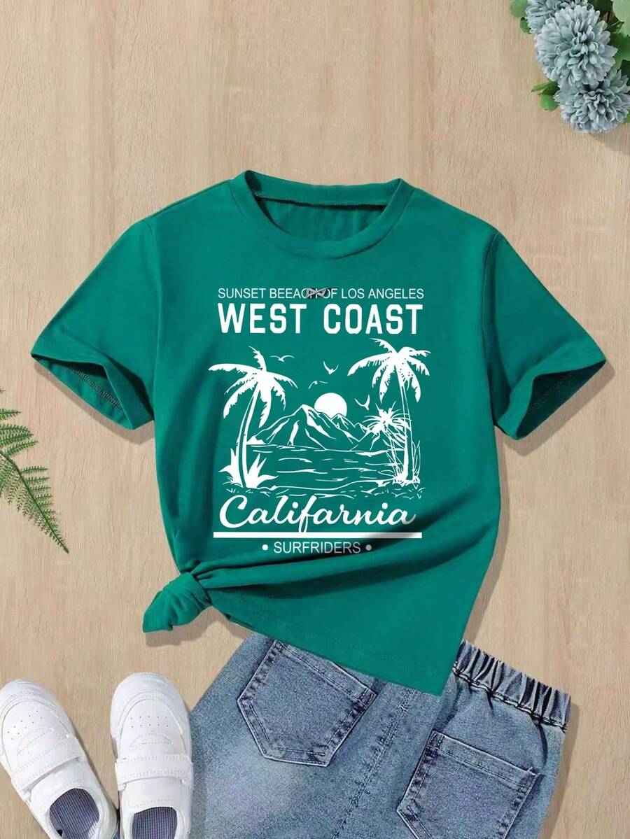 Tween Girls Round Neck Short Sleeve Casual Versatile Landscape Pattern T-Shirt Summer Vacation - Green - View 1