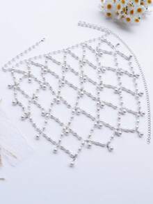 1件優雅鏤空珍珠髮箍鏈，女款時尚閃亮水鑽流蘇髮飾，適合日常佩戴與派對 - 銀色 - 查看 6