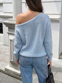 MORI Fall Winter Sexy Y2K Chic Light Blue Off Shoulder Fuzzy Knit Sweater Pullover Oversized Tops Women Streetwear Going Out Dating Outfits - Light Blue - View 8