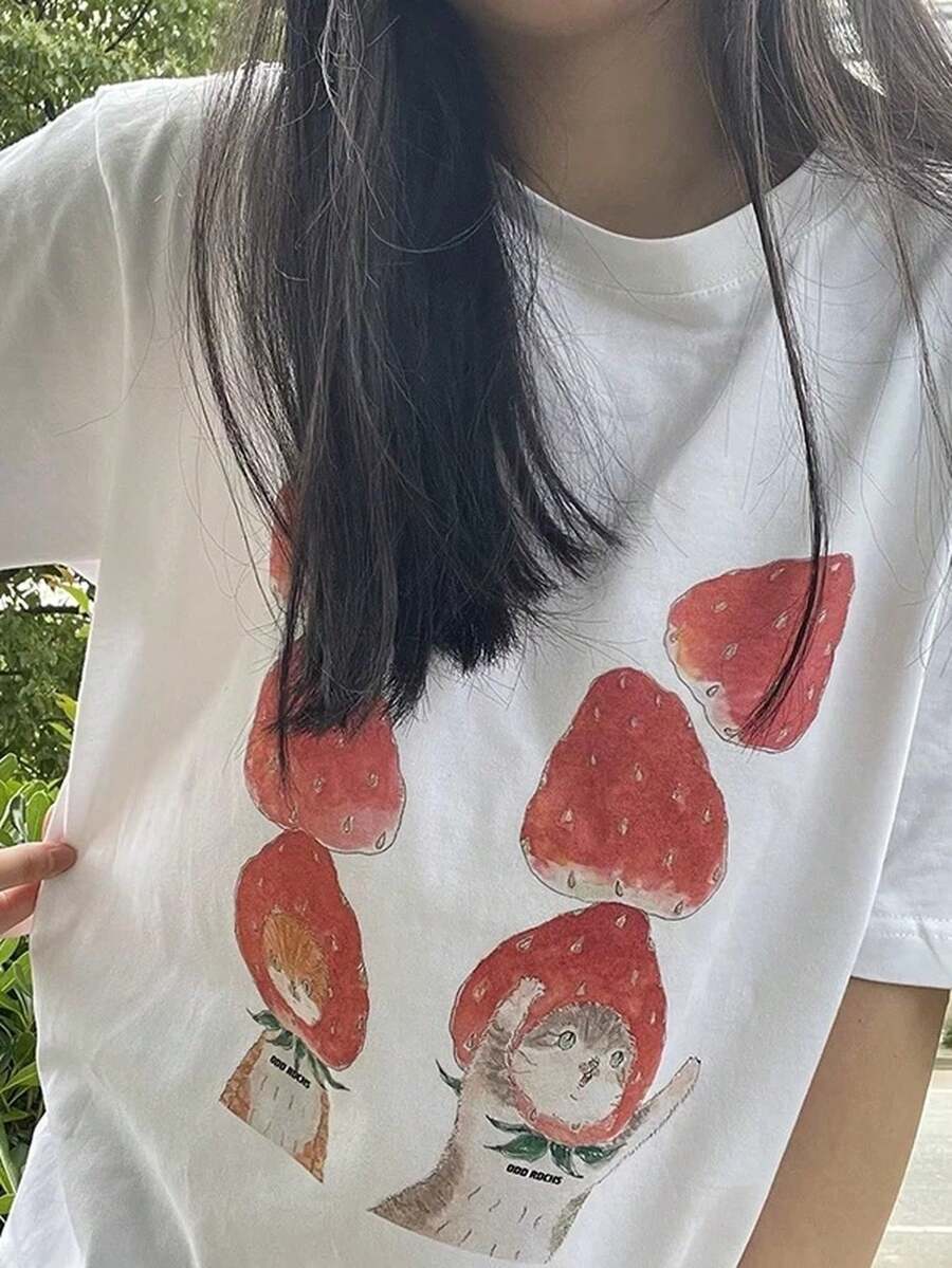 Y2K Short-Sleeve T-Shirt For Women: Soft, Breathable, And Gentle On The Skin. A Relaxed, Casual Street Style That's Incredibly Versatile. Perfect For Daily Wear, Commuting, Dates, Travel, And School. Available In Plus Sizes. A Stylish And Flattering All-Around Top For Women. - White - View 1