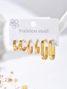 6pcs/Set Women's Stainless Steel Geometric Design Large Hoop Earrings Set, Suitable For Daily Wear - Gold - View 7