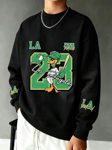 Teen Boys Digital "23" & Duck Print Crew Neck Loose Pullover Sweater, Y2K Cool College Style Top - Black - View 2