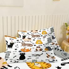3-Piece Cute Cartoon Kitten Print Bedding Set (1 Fitted Sheet + 2 Pillowcases, No Inserts). Soft Skin-Friendly Polyester Material, Hand Washable Or Machine Washable. Simple And Cute Design, Suitable For Bedroom, Guest Room, Dormitory And Travel Use. - Multicolor 2 - View 9