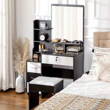 Vanity Table And Stool Set, Makeup Desk With Large Mirror, Open Shelves And 4 Drawers, Black And White - Black - View 2