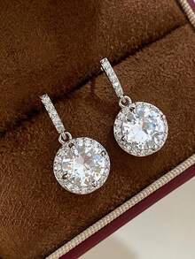1 Pair French Style Personalized Elegant Luxurious High-End Full Rhinestone Artificial Zirconia Inlaid Geometric Niche Design Gorgeous Earrings Suitable For Women's Daily, Banquet, Ball, Wedding, Holiday Wear - Silver - View 6