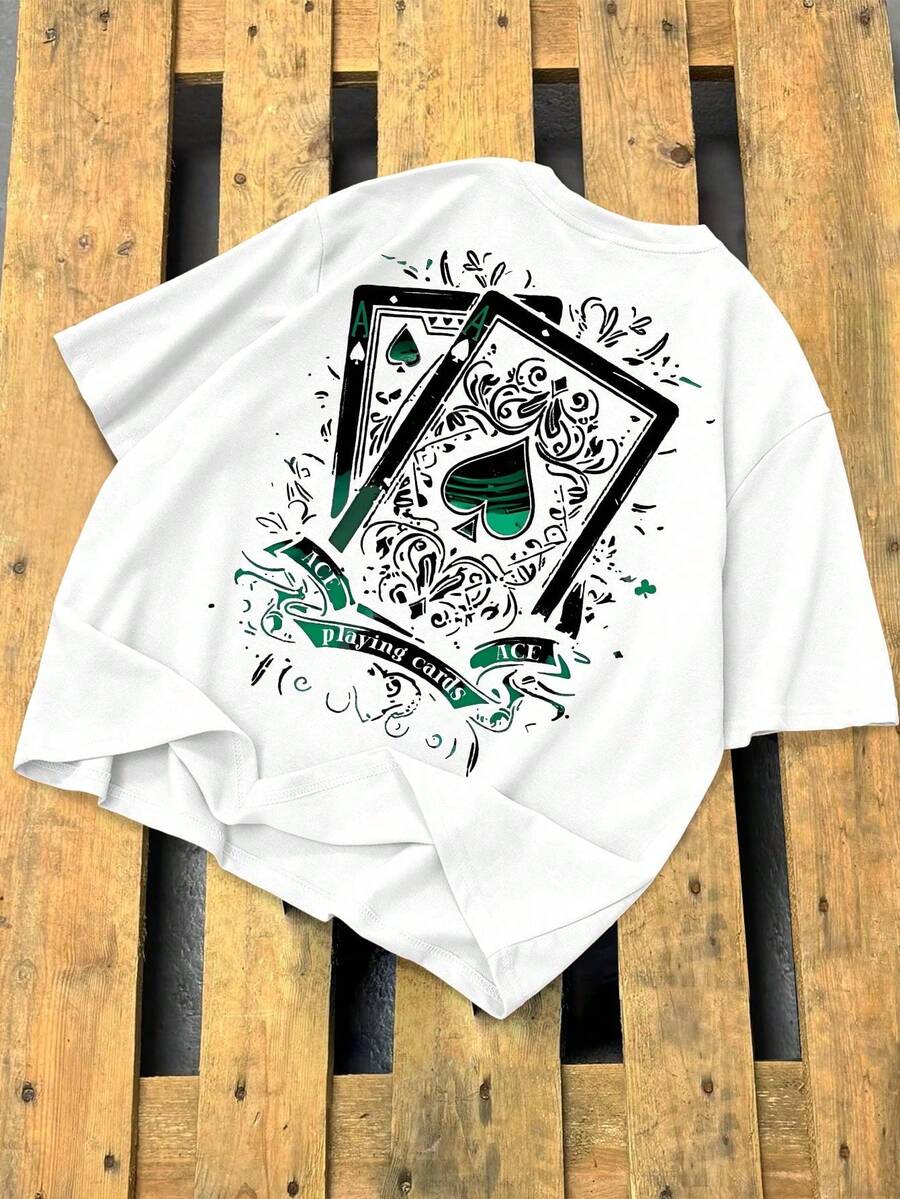 Camiseta de manga corta con cuello redondo para hombre Fenqiro, color blanco, con estampado gráfico de cartas de póker, estampado de as de espadas, estilo llamativo. - Blanco - Ver 1