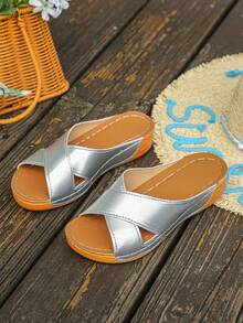 Women's Cross Strap Wooden Color Sandals Comfortable Minimalist Vacation Beach Home Daily Summer Silver Open Toe Slide Sandals - Silver PU - View 7
