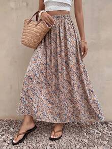 Women's All-Over Ditsy Floral Skirt, Elegant Casual Ditsy Floral Skirt For Holiday, Office, Daily, Date, Travel, Spring, Summer, Autumn Pink Vacation - Pink - View 6