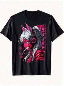 Camiseta de anime de alta calidad y a para hombre, estilo gótico y cómico, con un personaje de cabello plateado, detalles en rosa neón y arte de kanji japonés, de corte holgado, transpirable - Blanco - Ver 1