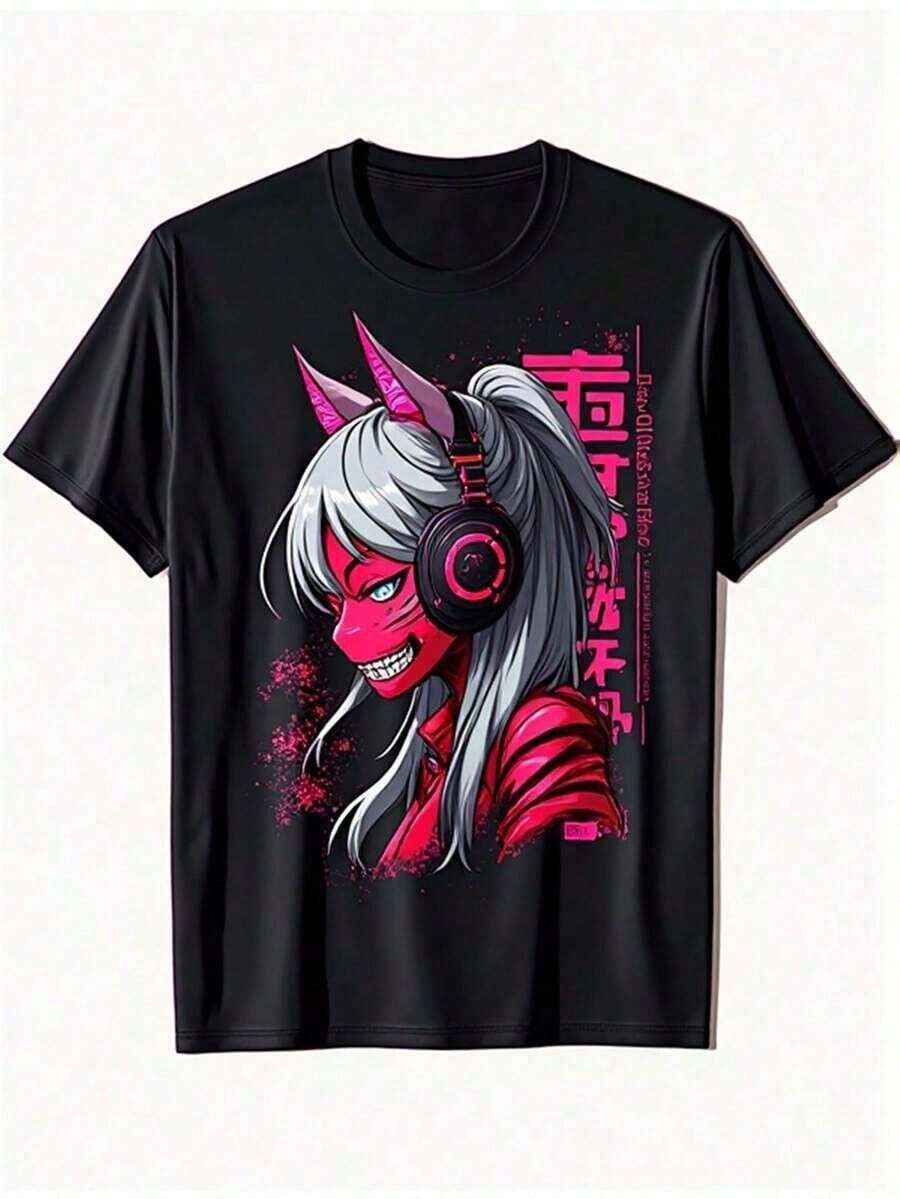 Camiseta de anime de alta calidad y a para hombre, estilo gótico y cómico, con un personaje de cabello plateado, detalles en rosa neón y arte de kanji japonés, de corte holgado, transpirable - Blanco - Ver 1
