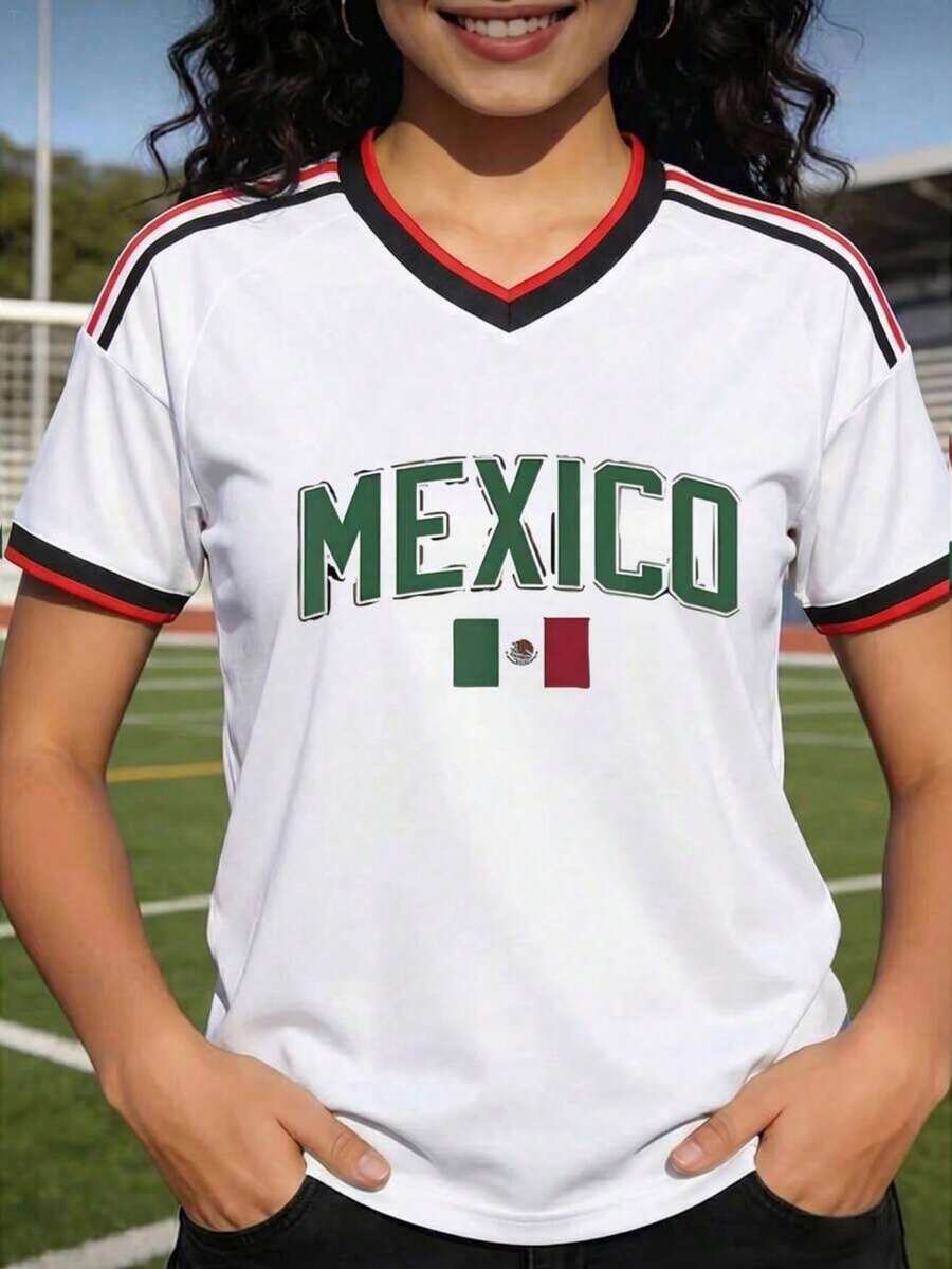 Loose-Fitting Women's T-Shirt, Printed With The Colors Of The National And The Mexican Flag, Ideal For The National Team. Comfortably Soft For Everyday Wear. - 紅白色 - 查看 1