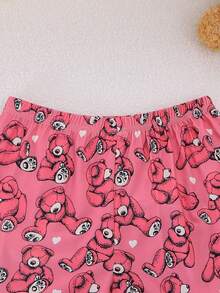 2件組女童夏季休閒涼爽卡通熊印花圓領套頭上衣與荷葉邊下擺短褲睡衣套裝，阻燃，四季適用 - 彩色 - 查看 7