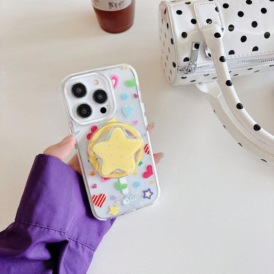 1 Piece Summer Star Design Phone Back Grip, Extendable Support Printed With Polka Dot Star Motifs, Hands-Free Desktop Phone Holder, Adorable Girly Decorative Phone Ornament, Delicate Mini Present For Buddies - Multicolor - View 1