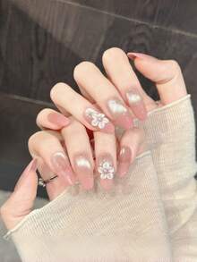 10pcs Handmade Oval Acrylic Press-On Nails, Medium/Extra Long, Pink Cat Eye Gradient French Tip With 3D Flower, Minimalist Luxury Summer Nail Art, Suitable For Party, Daily, Date, Vacation Outfit, DIY Nail Art, Gift For Women And Girls, Nail Supplies - Pink - View 6
