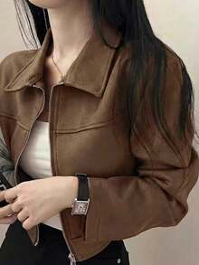 女士休闲日常通勤时尚街头学院机场穿搭纯色仿麂皮翻领拉链短款长袖外套，秋季款 - 棕色 - 查看 3