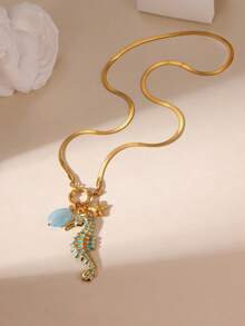 GEREIT 1 pieza Collar con colgante de tortuga, pez y estrella de mar de estilo de vacaciones de moda, chapado en oro de 18K, acero inoxidable, piedra natural y circonita para mujeres, adecuado para usar en vacaciones en la playa - Multicolor - Ver 3