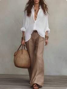 2026 Soft Lightweight White Imitation Linen Blouse Sand Brown Wide Leg Pants Two Piece Casual Set Hustle&Haze - Apricot - View 7