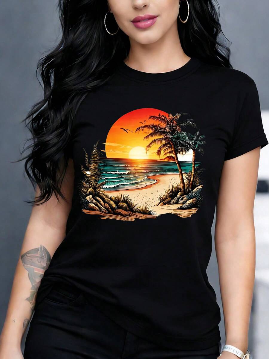 cuello redondo manga corta impresa camiseta para mujeres, Y2K, corazón formado por mariposas y detalle de leopardo que representa amor y libertad, adecuada para fiestas y uso cotidiano - Negro - Ver 1