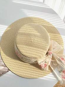 New Flat Top Straw Hat For Women, Embroidered Woven Hat, Summer Sun Protection Hat, UV Protection Sun Hat, Beach Hat - A - View 3