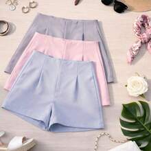 Set Of 3 Women's Tailored High-Waisted Dress Shorts, Elegant, Casual, Summer Fashion, Work, Office - 淺藍色/淺粉紅色/灰色 - 查看 2