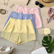 Set Of 3 Women's Tailored High-Waisted Dress Shorts, Elegant, Casual, Summer Fashion, Work, Office - 黃色淺藍色淺粉紅色 - 查看 2
