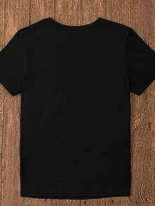 Camiseta de cuello redondo con estampado de letras MILANO, camiseta casual de manga corta para primavera y verano, ropa de mujer - Negro - Ver 2
