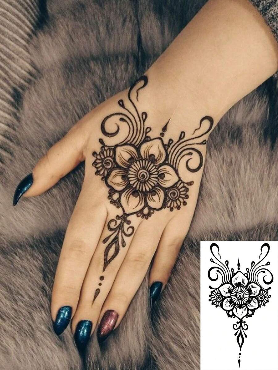 1 Pc Traditional Mehndi Floral Temporary Tattoo, Waterproof Y2K Long Lasting Boho Henna Fake Tattoo, Intricate Body Art For Hands & Wrist Formulated Without Henna - Black - View 1