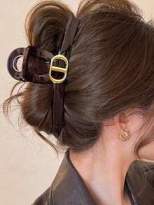 1PC Dainty Gold Buckle Decor Glossy Hair Claw Clip, Large Hollow Acrylic Shark Jaw Clamp, Elegant Daily Updo Hair Accessories For Thick Hair Women Beach Vacay Hair Clips - Burgundy - View 3