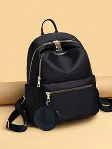 Large Capacity Solid Color Nylon Fabric Women's Backpack Classic Style Women's Bag - Black - View 1