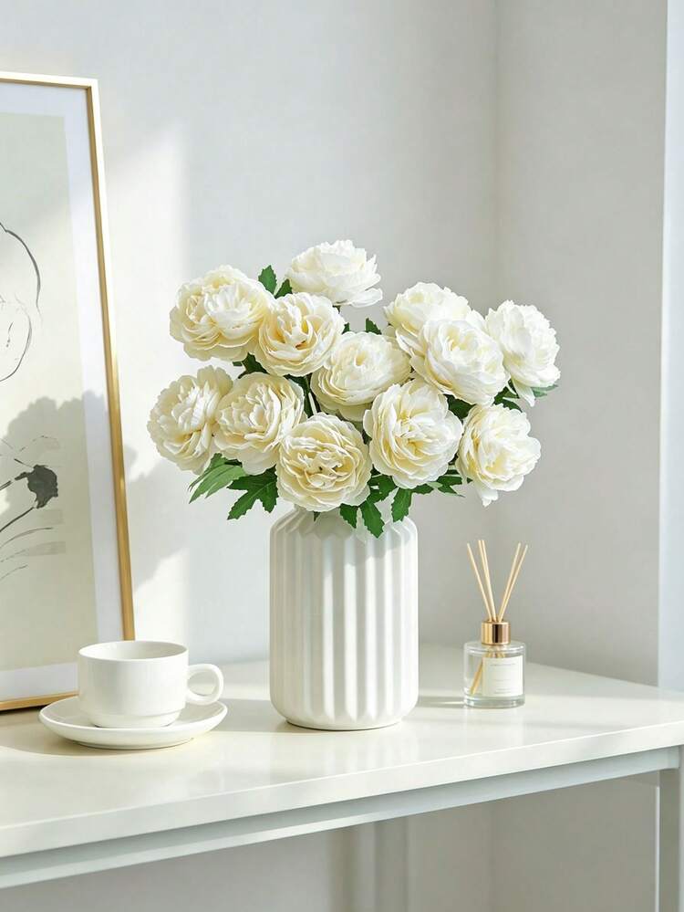 5pcs Realistic Silk Peony Artificial Flowers, Suitable For Wedding, Valentine's Day, DIY Crafts, Home Decor, Spring Decoration And Outdoor Decoration - Off White - View 9