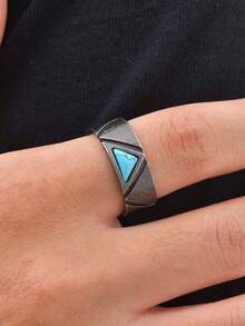 1 pieza Anillo geométrico de triángulo de acero inoxidable minimalista vintage con turquesa, accesorio de joyería retro para hombres - Negro de pistola - Ver 9