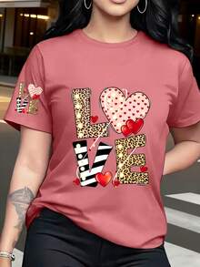 1 Loose-Fitting T-Shirt With Heart And Leopard Print, Modern And Eye-Catching Design, Comfortable And Versatile Style, New Y2K Summer Style. - 磚紅色 - 查看 1