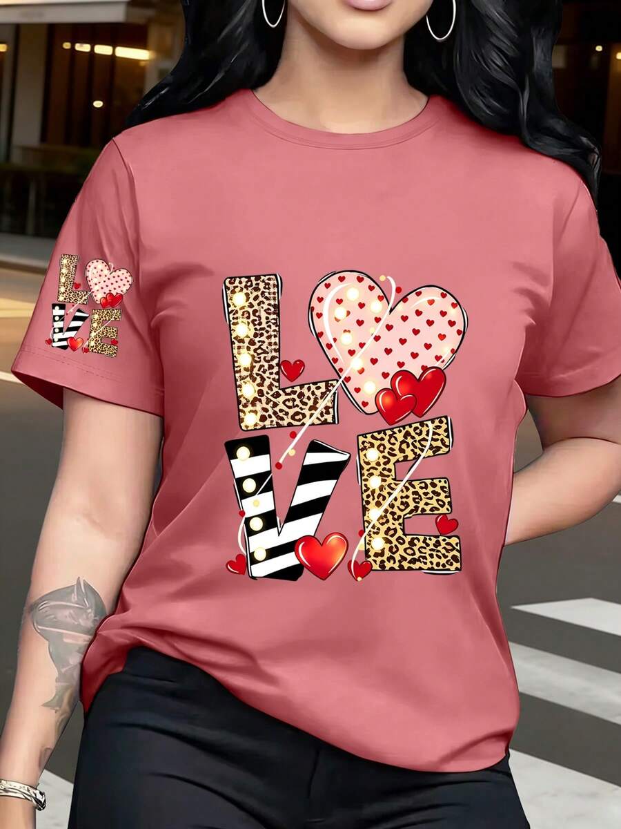 1 Loose-Fitting T-Shirt With Heart And Leopard Print, Modern And Eye-Catching Design, Comfortable And Versatile Style, New Y2K Summer Style. - 磚紅色 - 查看 1