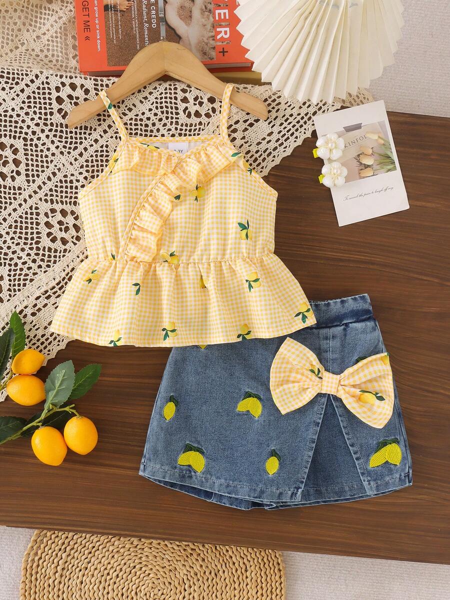 2pcs Young Girls Cute Casual Cherry Camisole Top & Embroidered Denim Skirt Set, Summer Vacation Style - Yellow - View 1