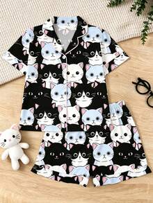 2pcs Cartoon Cat Print Tween Girl Pajama Set, Cute & Comfortable Children Sleepwear Outfit, Flame Retardant Collared Shirt & Elastic Waist Shorts, Suitable For Loungewear, Party, Holiday - Multicolor - View 1