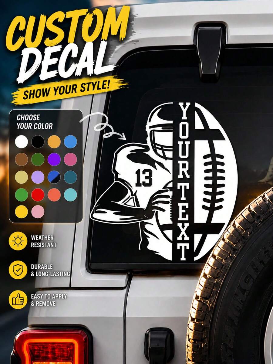 Personalized Football Name And Number Car Sticker - Customized Football Sticker With Team Name, Helmet Graphic And Jersey Number, Waterproof Vinyl Football Window Sticker, Athlete Team Spirit Sticker, Sports Fan Gift, Football Team Car Decoration - Multicolor - View 1