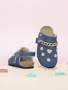 Zapatos tipo mule azules para niñas con cadena de strass y lazo de strass, hebilla decorativa 3D, espalda abierta y punta cerrada, adecuados para todas las estaciones - Azul - Ver 2