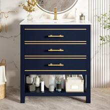 White Vanity Unit With Ceramic Basin – Freestanding Bathroom Unit With 2 Drawers And An Open Compartment, High-Quality Lacquered MDF Panel, Gold Handles, Without Tap Or Drain - Royal Blue - View 3
