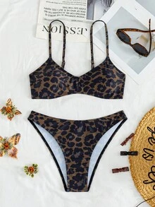 Conjunto de bikini de 2 piezas con tirantes finos y estampado de leopardo sexy para mujeres europeas y americanas, perfecto para vacaciones de verano, natación y playa - Multicolor - Ver 2