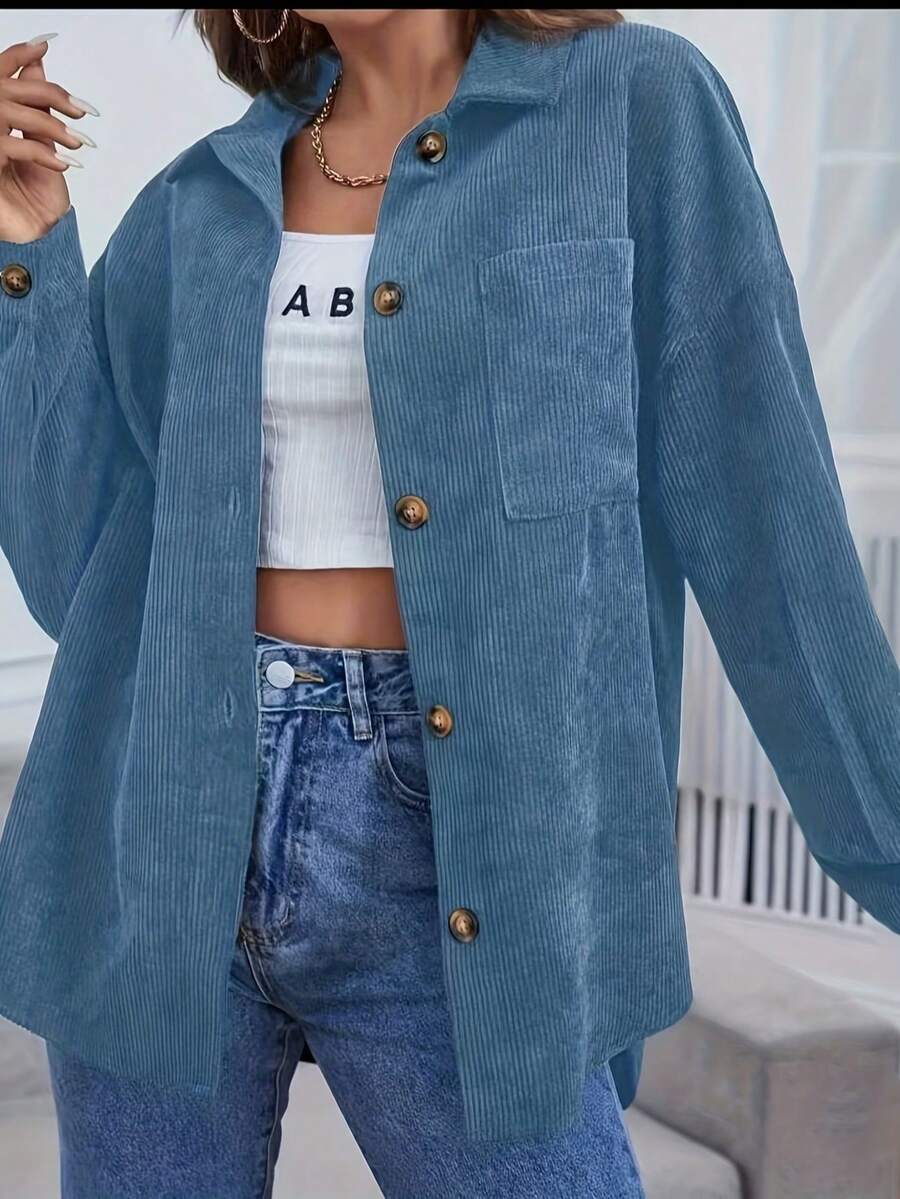 Women's Blue Corduroy Long Sleeve Drop Shoulder Button-Up Shirt, Drop Shoulder Design, Button Details, Regular Hem, Suitable For Daily Wear, Suitable For Autumn/Winter Season, Made Of Non-Stretch Polyester Fabric. - Blue - View 1