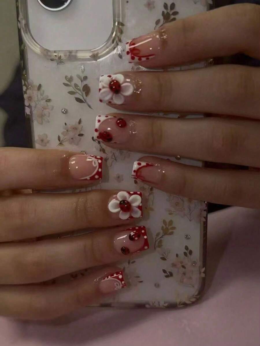24pcs Short Square 3D Nail Stickers, Create Spring/Summer Themed Nails, Patterns Include Cute Ladybug, Red & White Polka Dots, Bow Flower Decor, Adorable French Style Nail Stickers, Nail Art Set Includes Jelly Gel And Nail File, Suitable For Women And Girls Daily, Holiday And Party Occasions - Multicolor - View 1