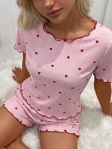 New Ribbed Heart Print Large Scoop Neck Short Sleeve Long Pants & Shorts 3 PiecesPajama Set For Women - Pink - View 5