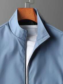 Men's Light Blue Solid Color Stand Collar Zip-Front Casual Jacket, Elastic Cuffs Side Pockets Lightweight Daily Commute Windproof Outerwear - Blue - View 6