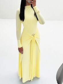 DOUCIU Solid Color Asymmetrical Shape Long Sleeve Flared Elegant Dress Party Birthday Event Outfit - Yellow - View 1