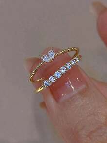 2pcs/Set Cincin Berlian Imitasi Hati Minimalis Elegan Mewah Bergaya Emas, Cocok untuk Remaja Putri Pakai Sehari-hari dan Liburan - Emas - View 5